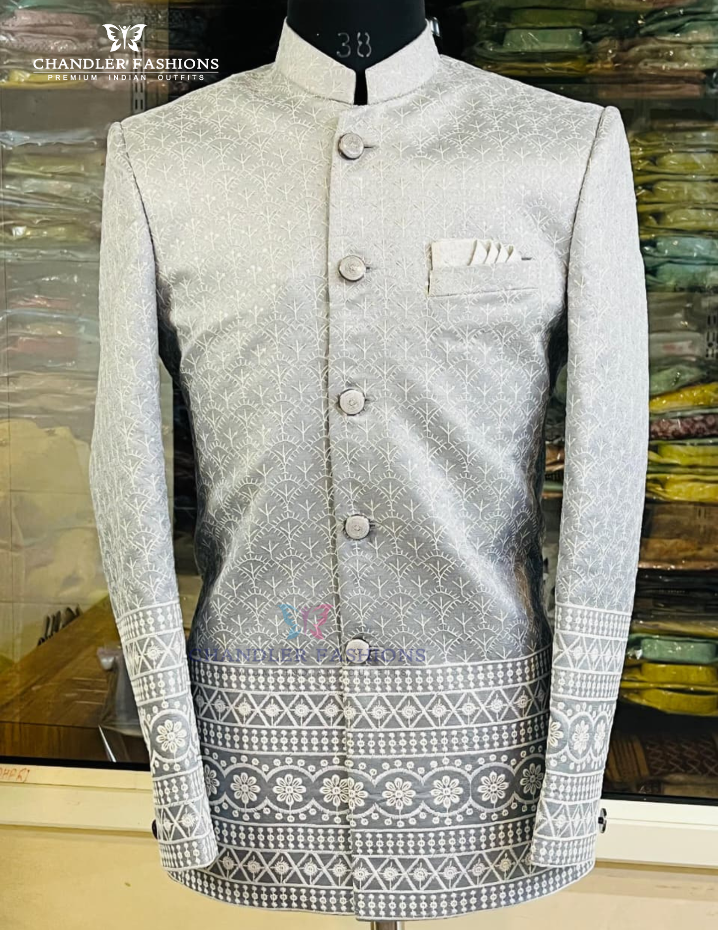 Fantastic Silver Gray Color Silk With Embroidery Work Men's Jacket