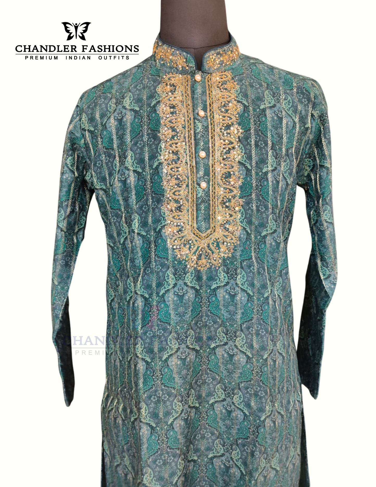 Green Color Brocade Designer Men's Kurta With Pant Near Me