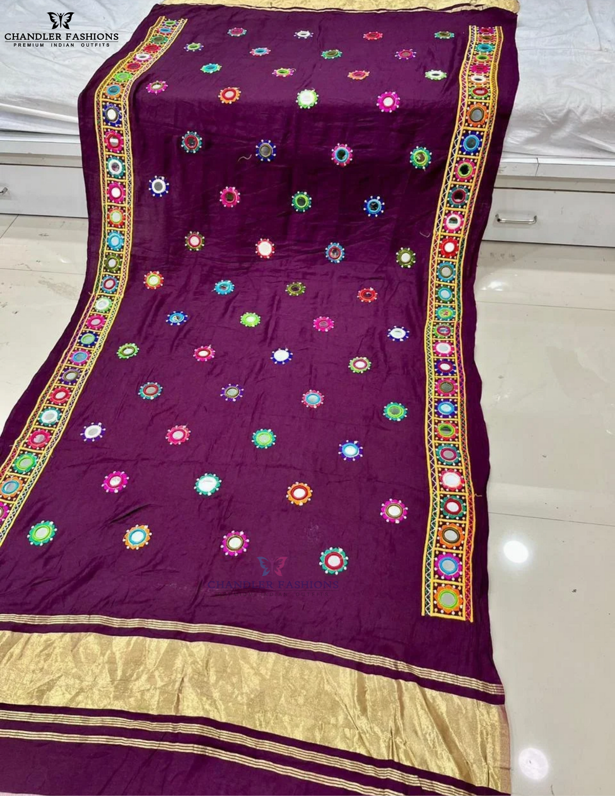 Attractive Purple Color Silk With Printed And Mirror Work Dupatta For Women