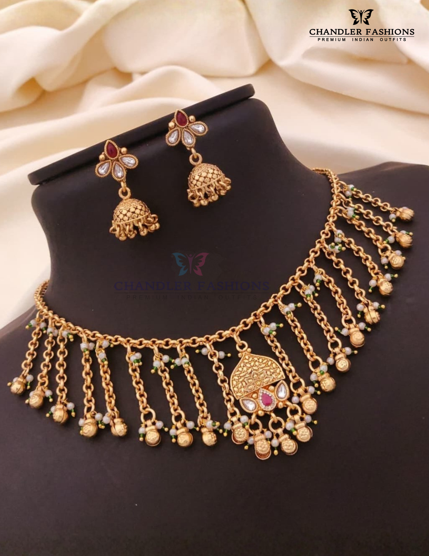 Beautiful Red And White Color Stone With Beaded Antique Gold Necklace With Earrings Set