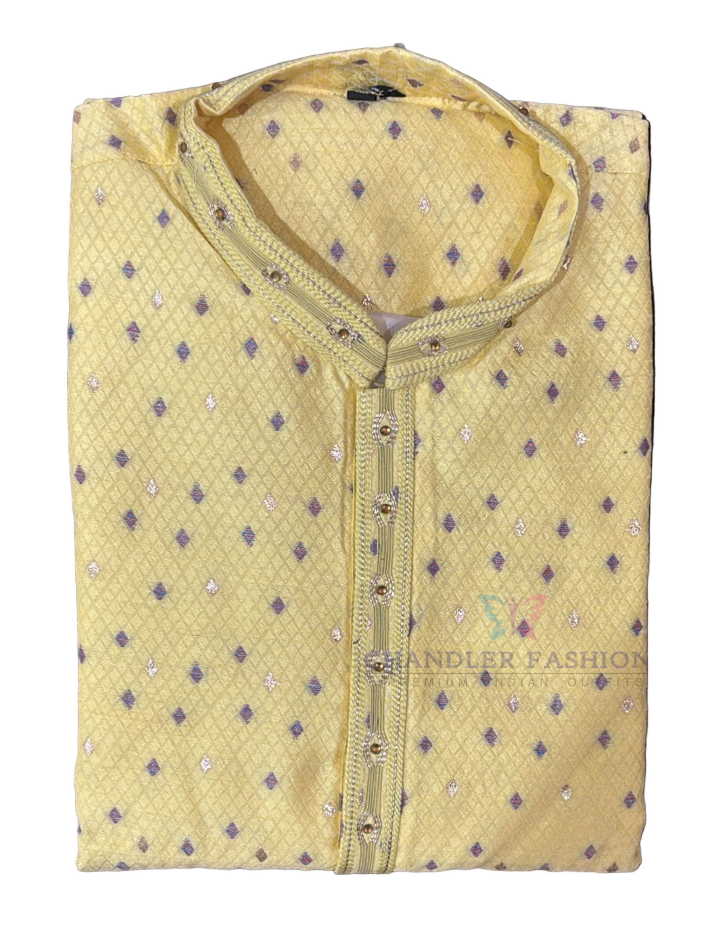 Attractive Light Yellow Color Raw Silk With Self Design Kurta Suits For Men