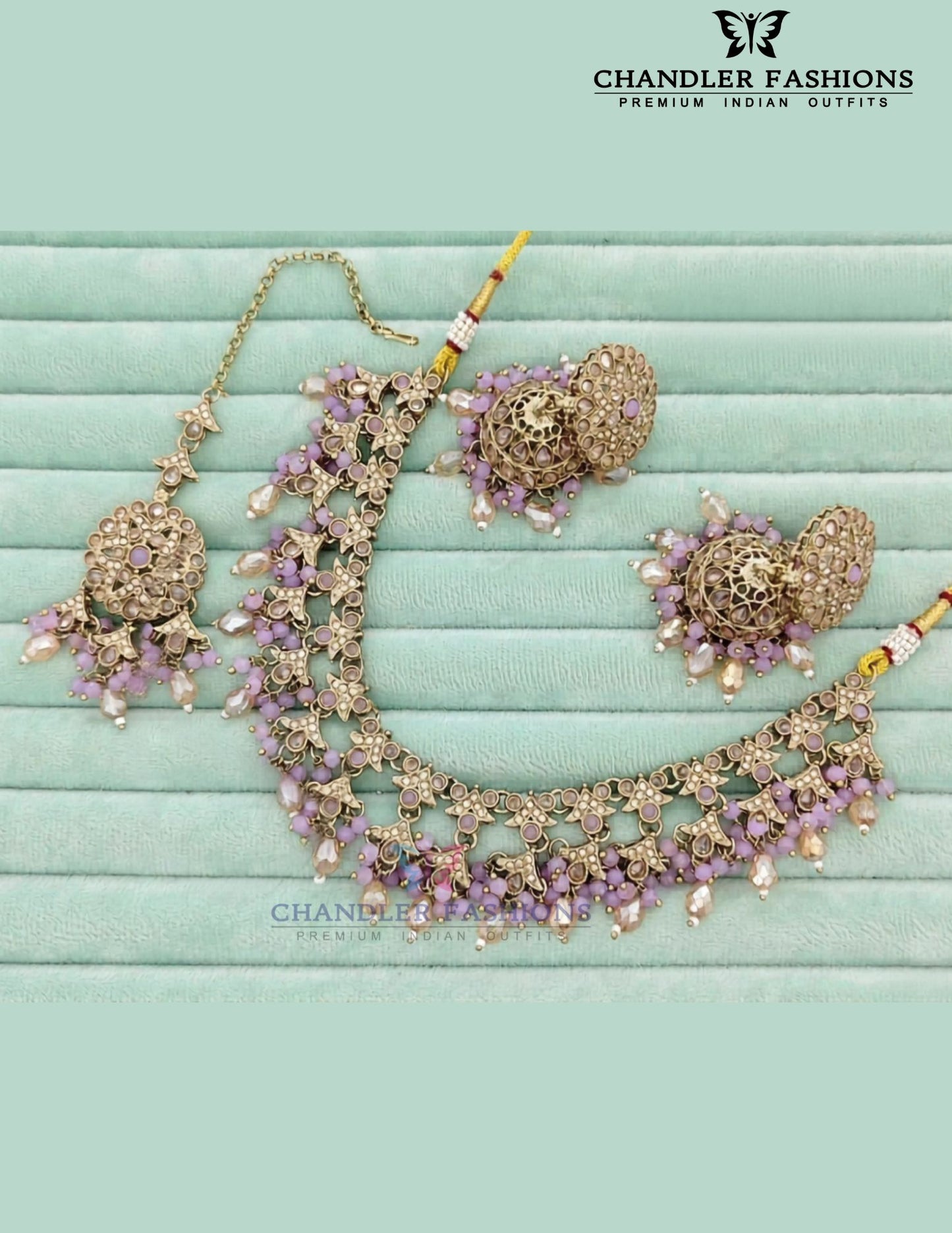 Attractive Lavender Color Jewelry Antique Gold Necklace Set With Earrings And Maang Tikka