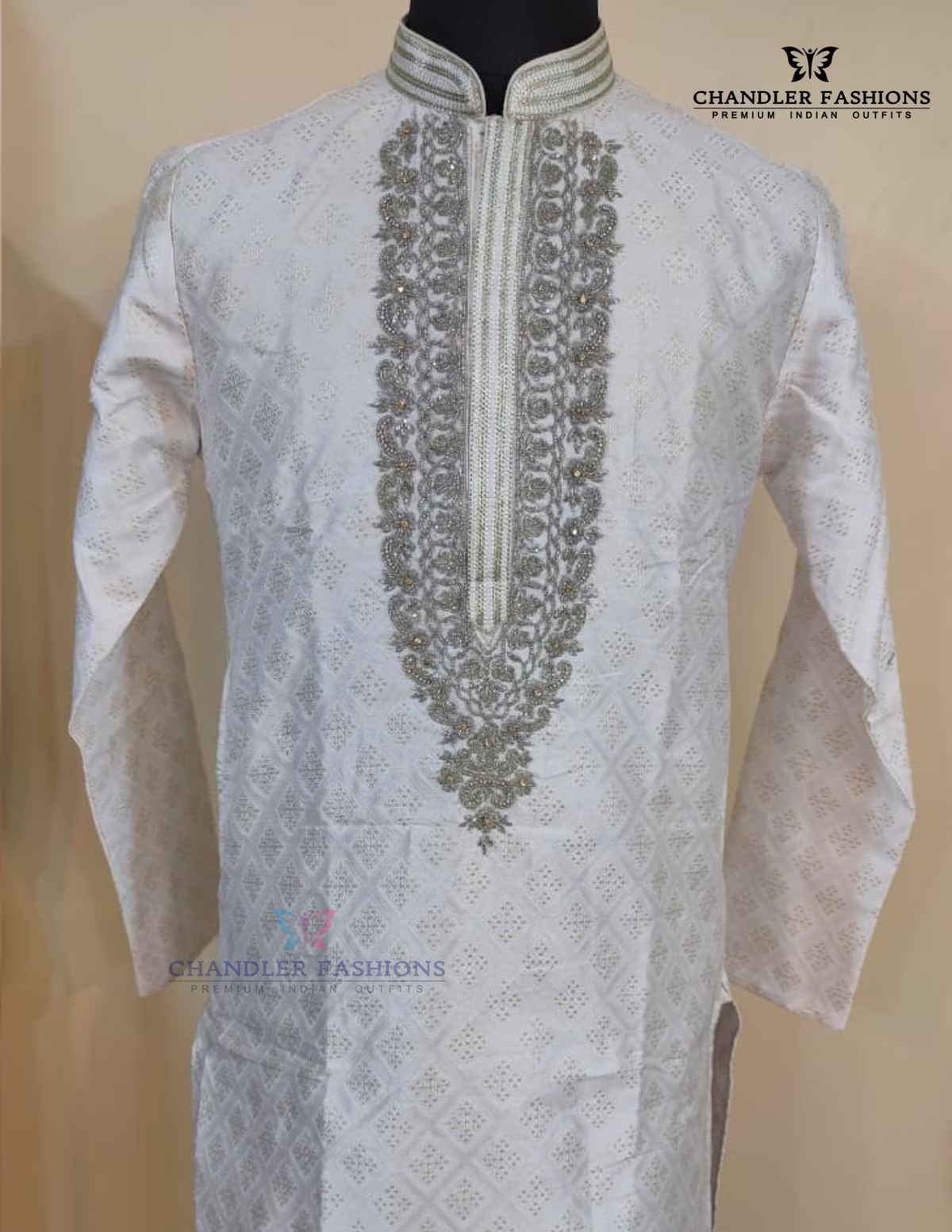 Amazing Off White Color Banarasi Brocade Kurta With Pajama For Men