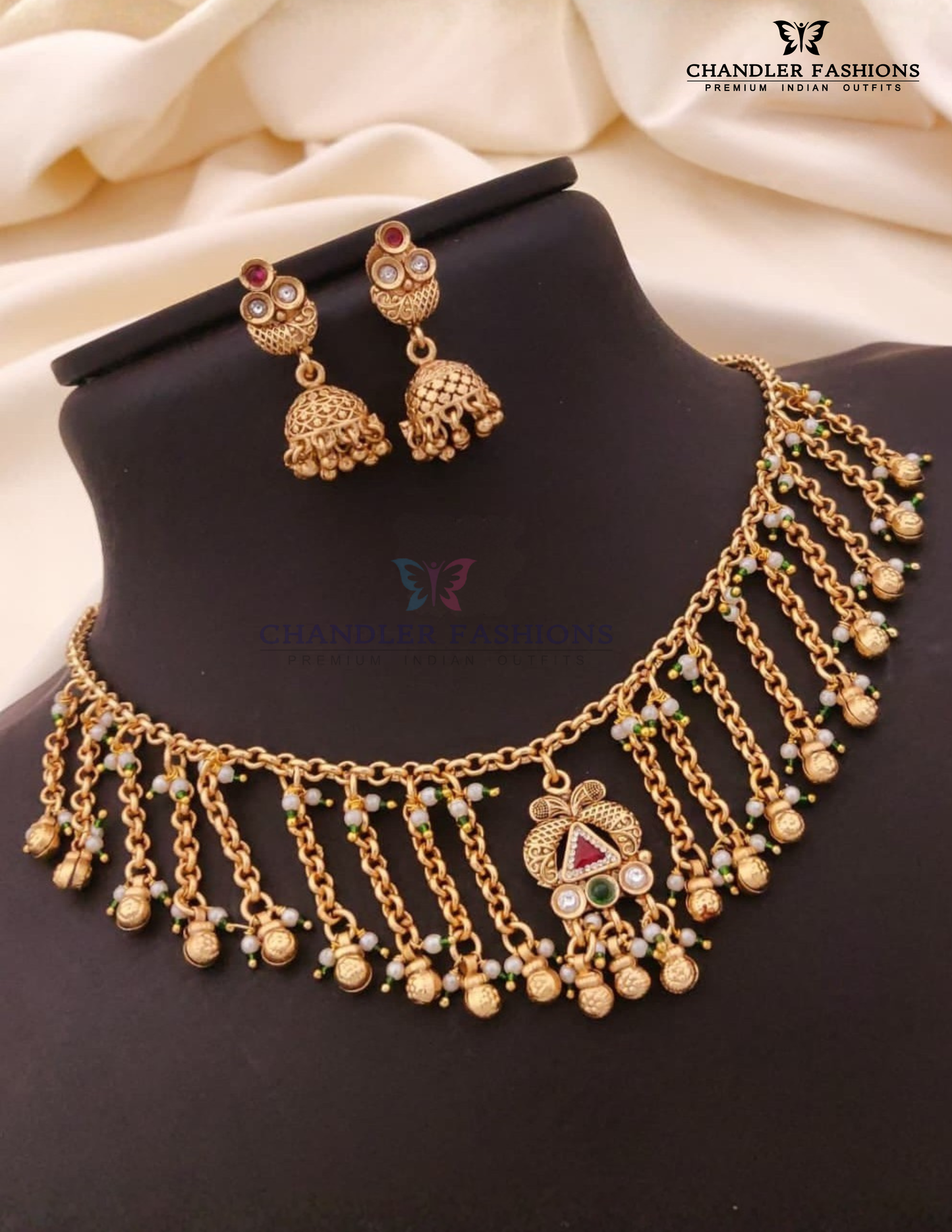 Elegant Red And Green Color Stone With Beaded Antique Gold Necklace With Earrings Set