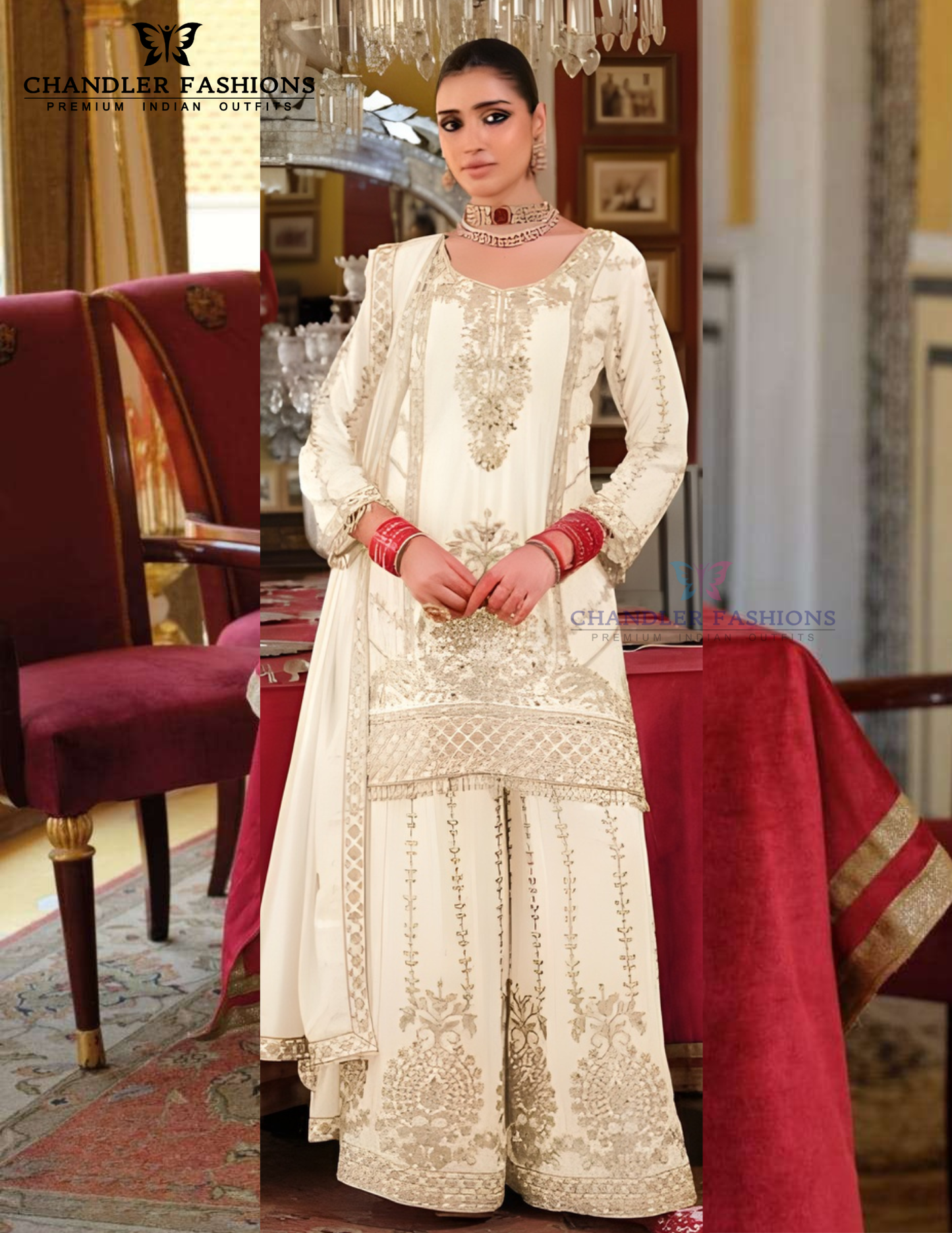 Charming White Color Chinon With Embroidery And Sequins Work Palazzo Suits