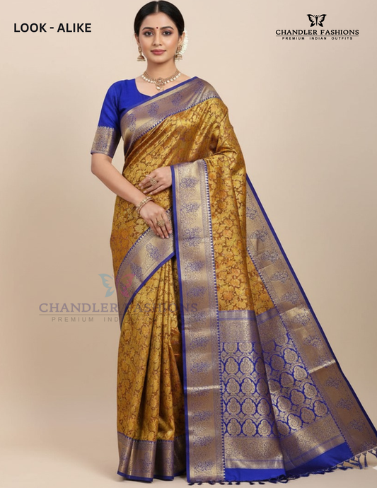 Elegant Mehendi Green Color Floral Motifs Art Silk Saree With Blue Blouse For Women