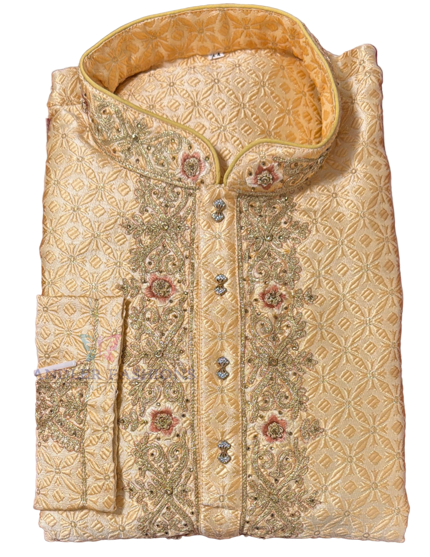 Orange Color Jacquard Designer Men's Kurta With Stone And Embroidery Work Near Me