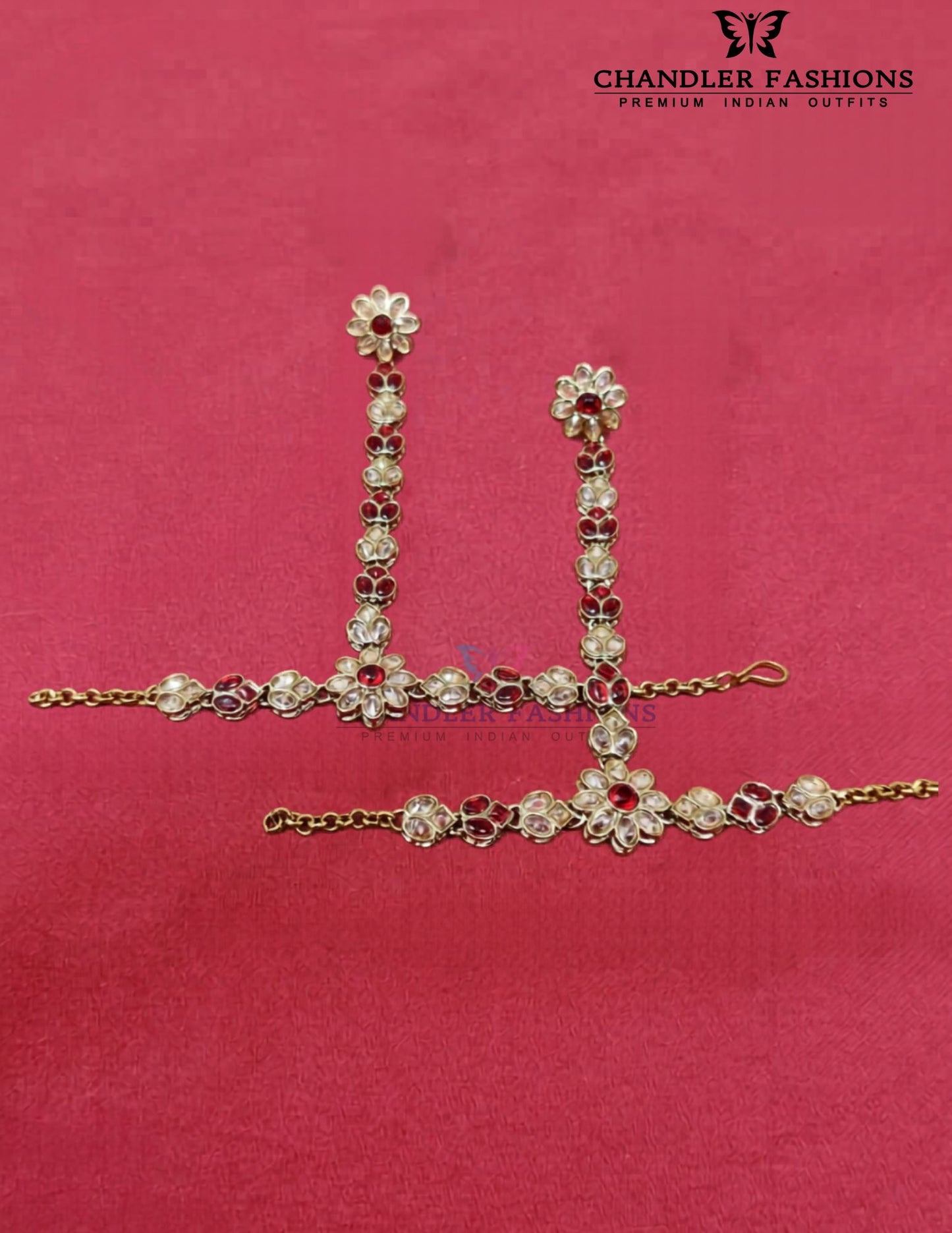 Pretty White And Red Stones Gold Plated Hand Chain For Women