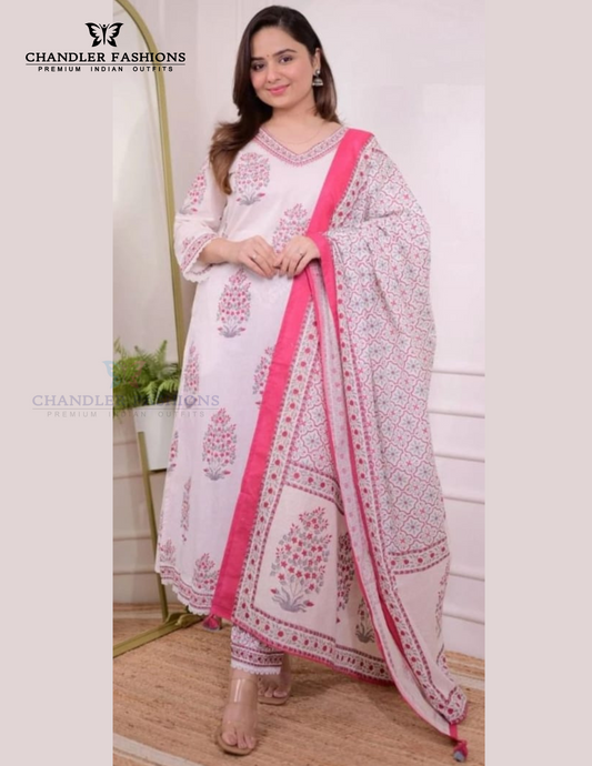Attractive Pink Color Cotton Printed Work Salwar Suits With Dupatta Set