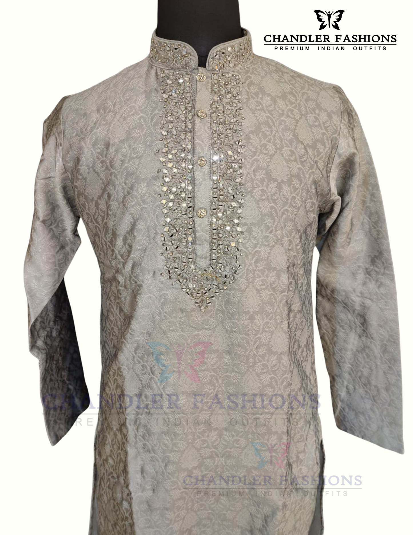 Magnificent Gray Color Brocade Designer Men's Kurta With Pajama Pant