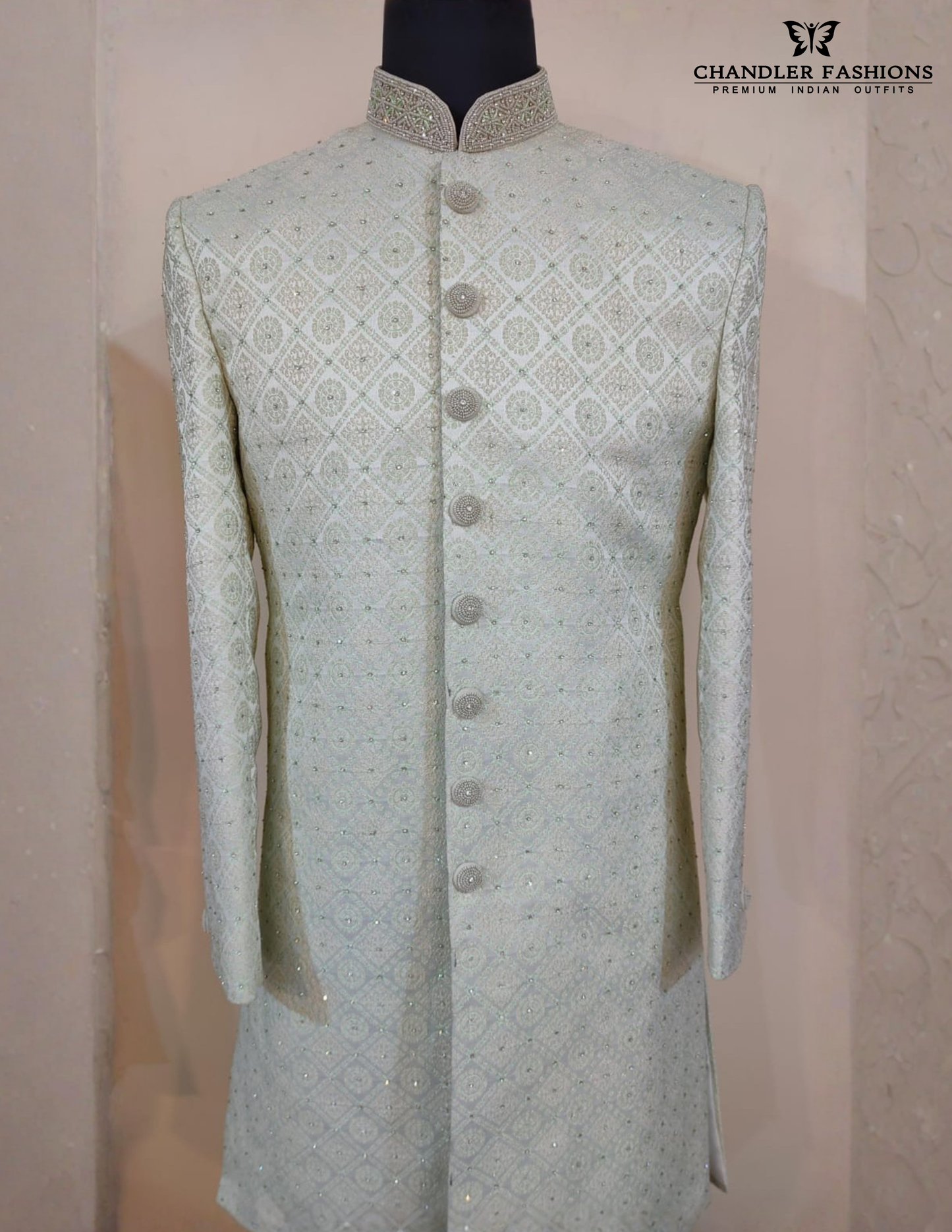 Off White Color Silk With Hand Embroidery And Stone Work Sherwani Suits Near Me