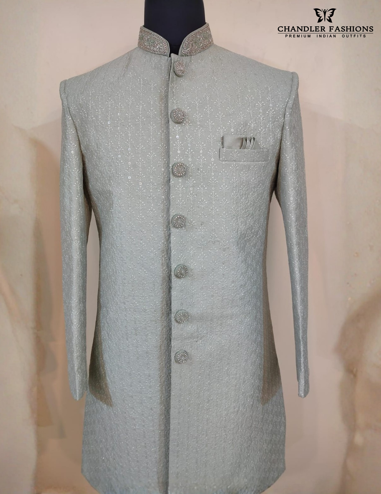 Mint Green Color Silk With Hand Embroidery Work Sherwani Suits Near Me