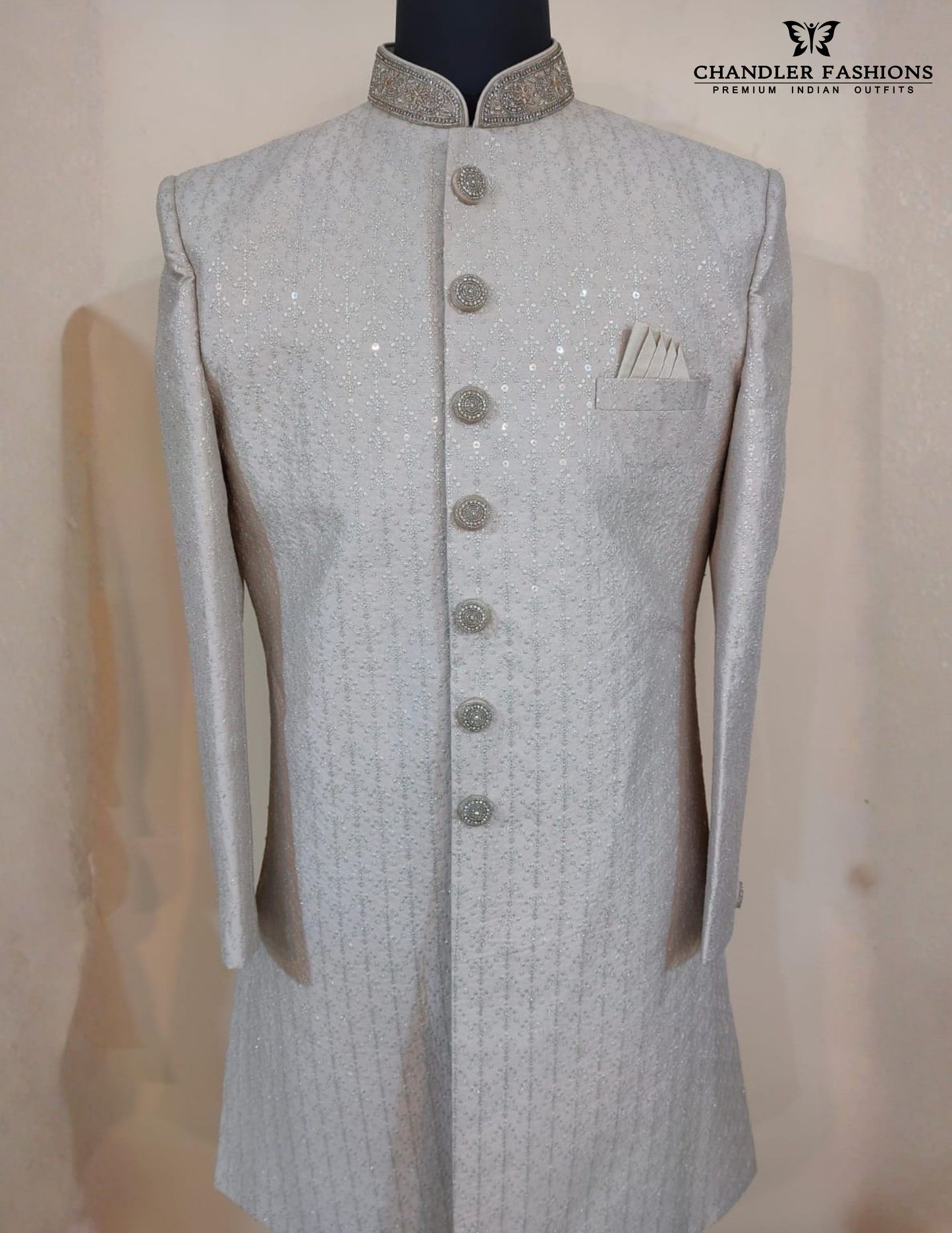 Gray Color Silk With Hand Embroidery Work Sherwani Suits Near Me