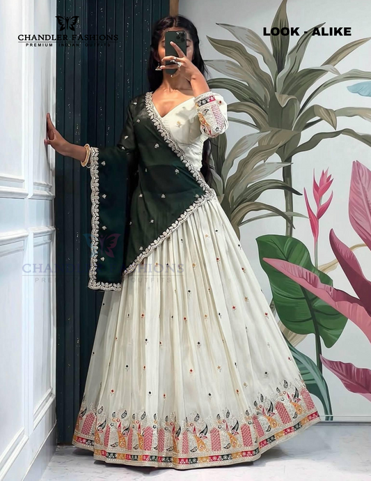 Beautiful Off White Color Embroidery Work Lehenga Choli With Dupatta For Women