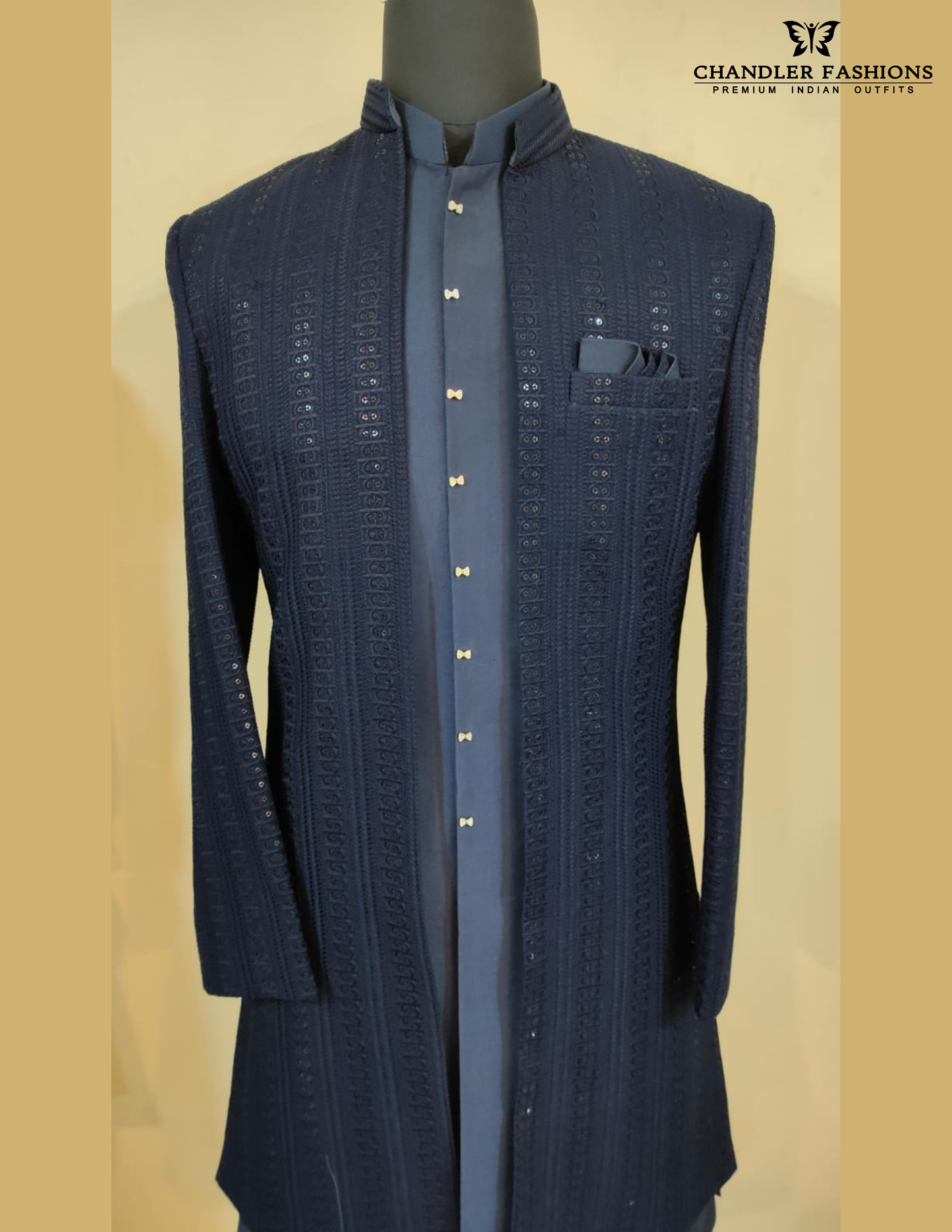 Navy Blue Color Silk With Sequins And Embroidery Work Sherwani Suits Near Me