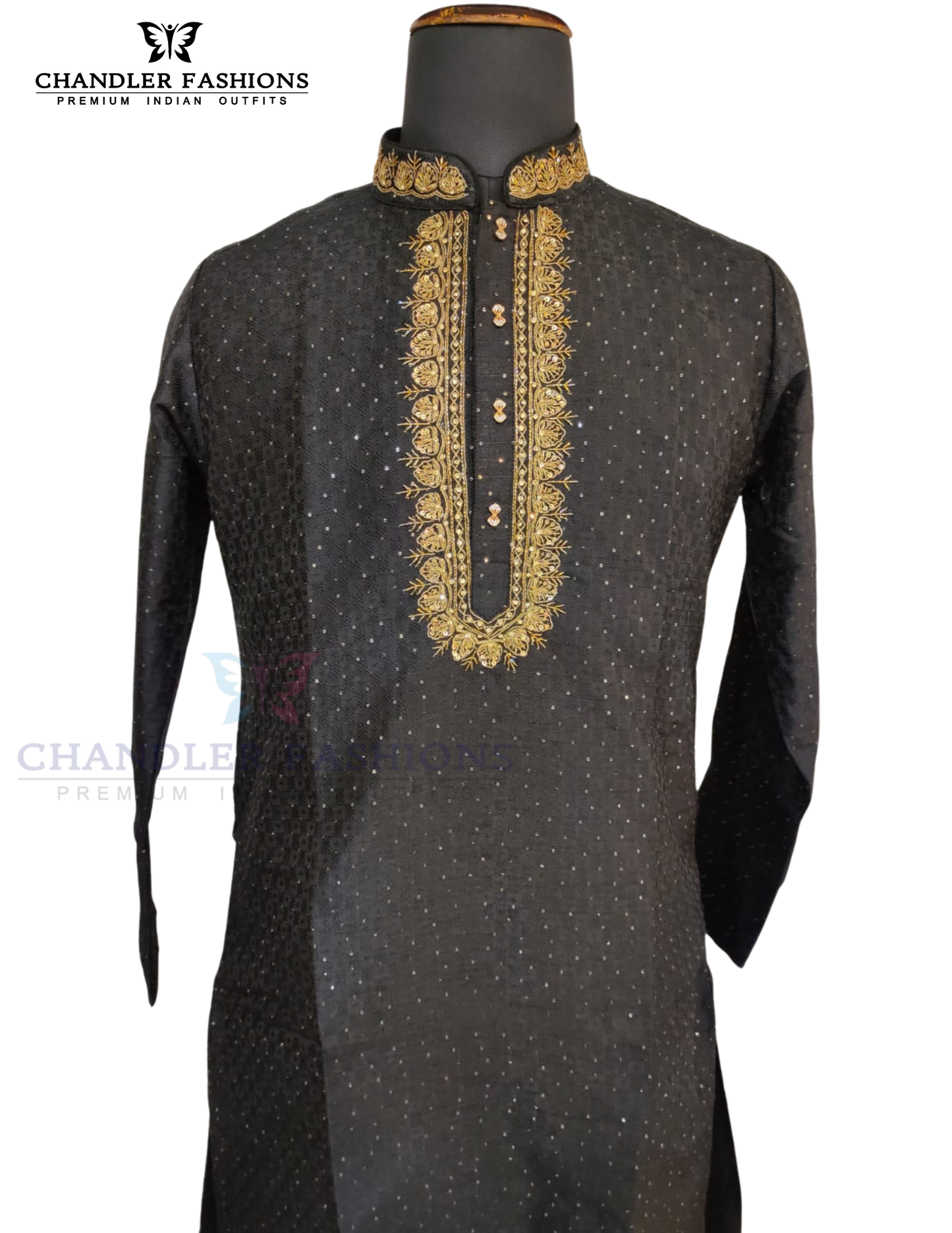 Marvelous Black Color Brocade Designer Men's Kurta With Pajama Pant