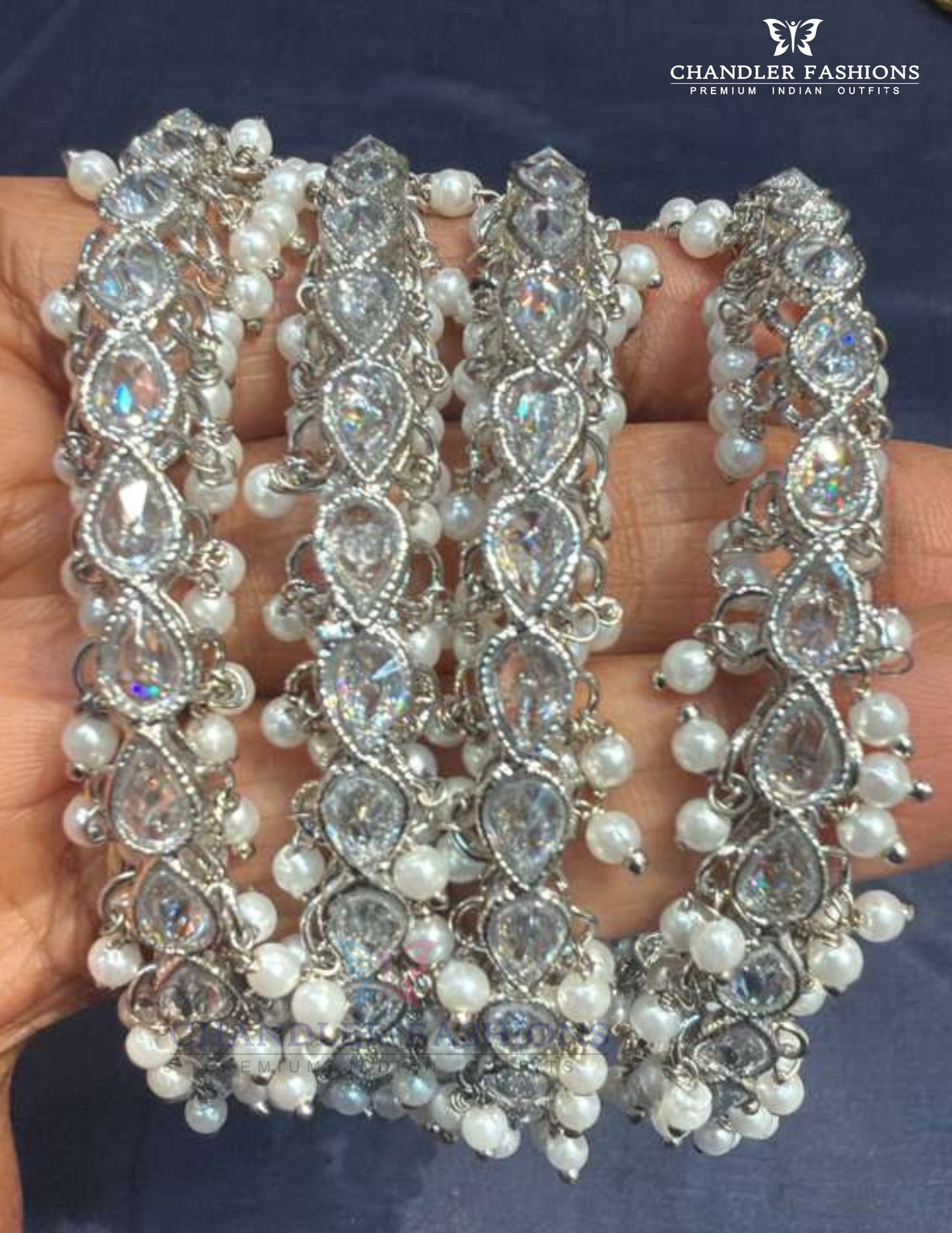 White Color Stones And Pearls American Diamond Bangles Near Me