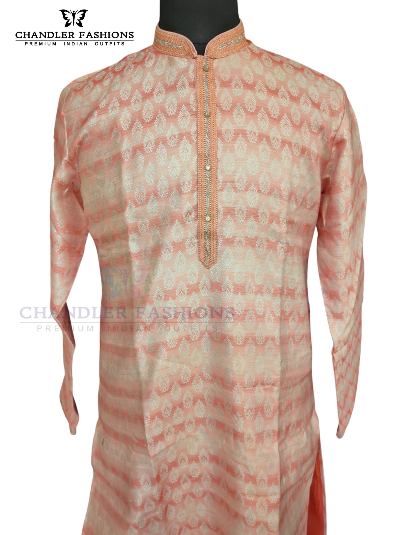 Beautiful Peach Color Brocade With Linning Lace Work Men's Kurta