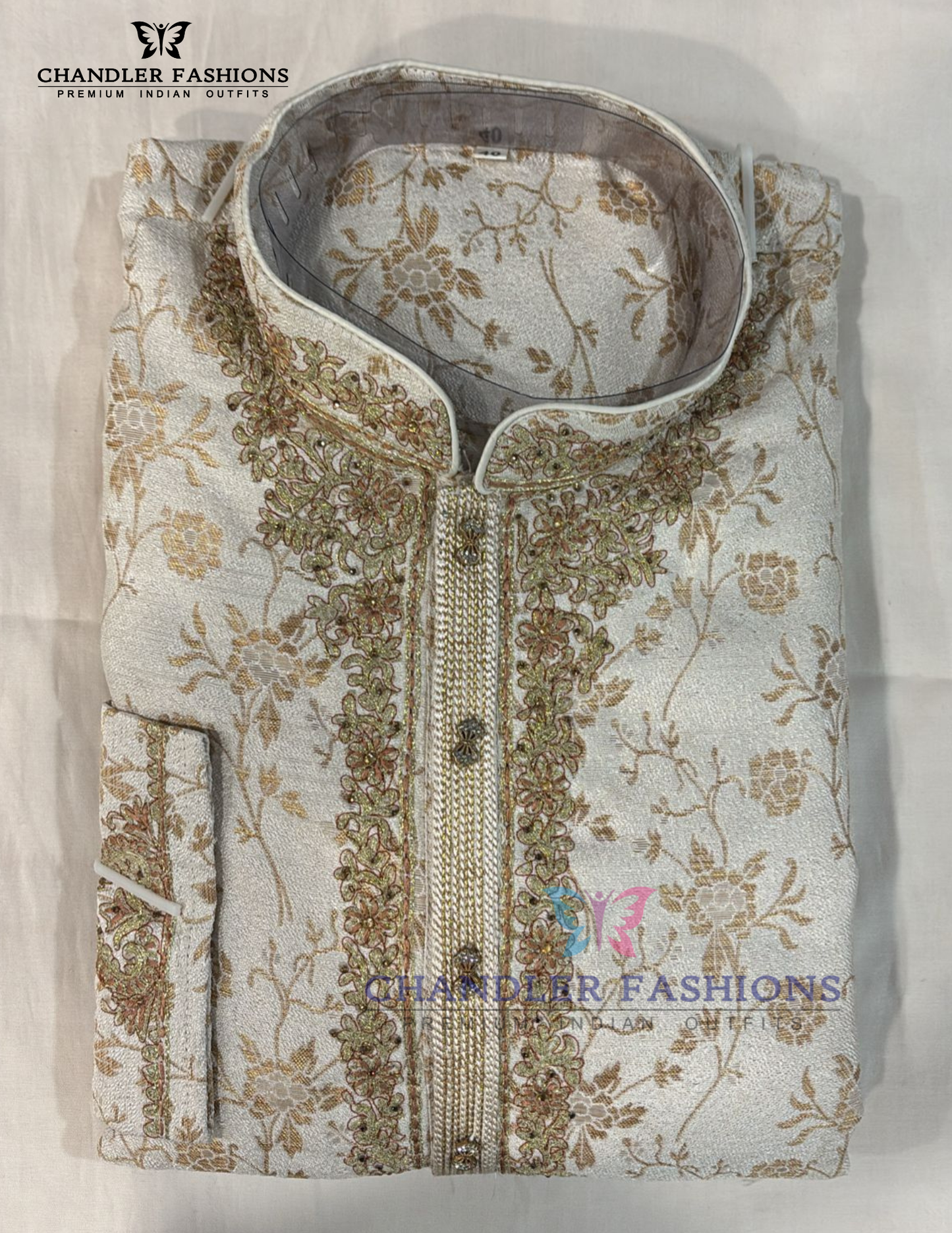 Cream Color Brocade Embroidery Work Kurta Pajama Set In USA