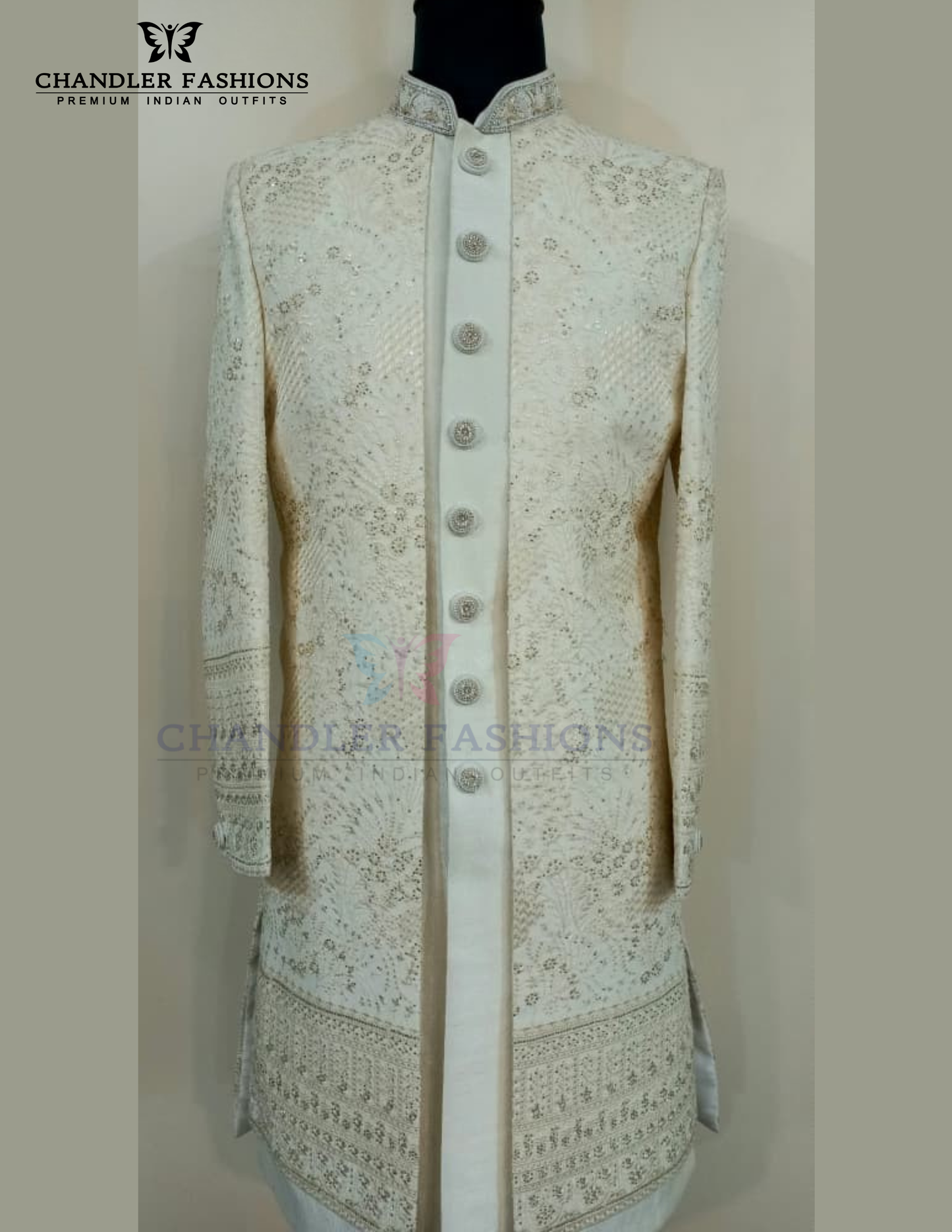 Charming Cream Color Silk Blend With Hand Embroidery Work Sherwani Suit For Men - PREMIUM QUALITY
