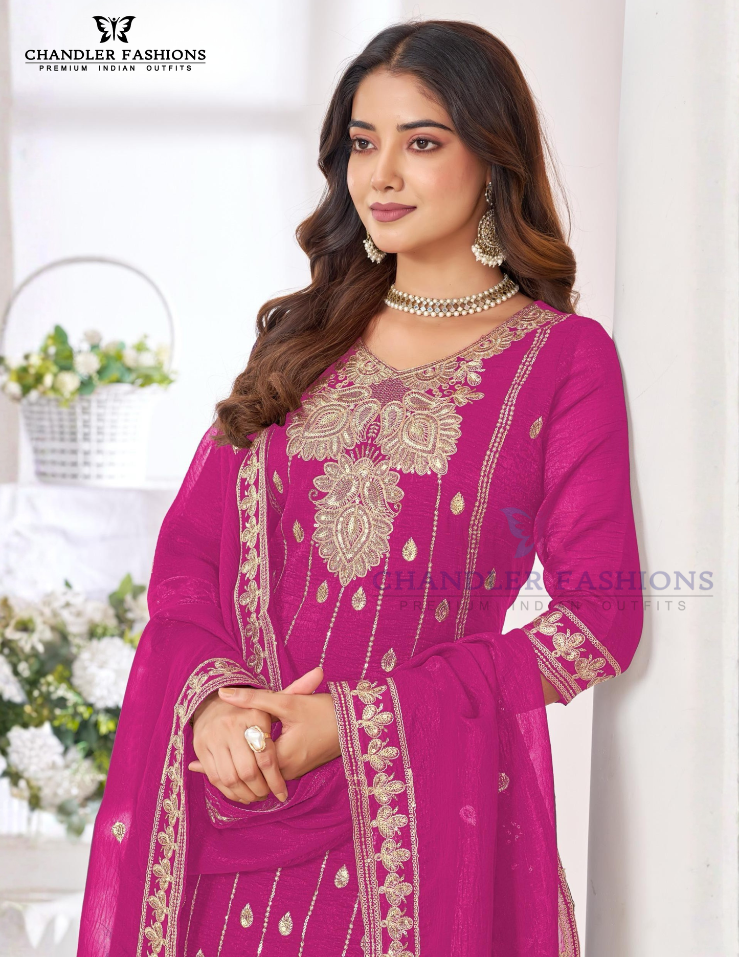 Rani Pink Color Chinon With Embroidery Work Palazzo Suits Near Me