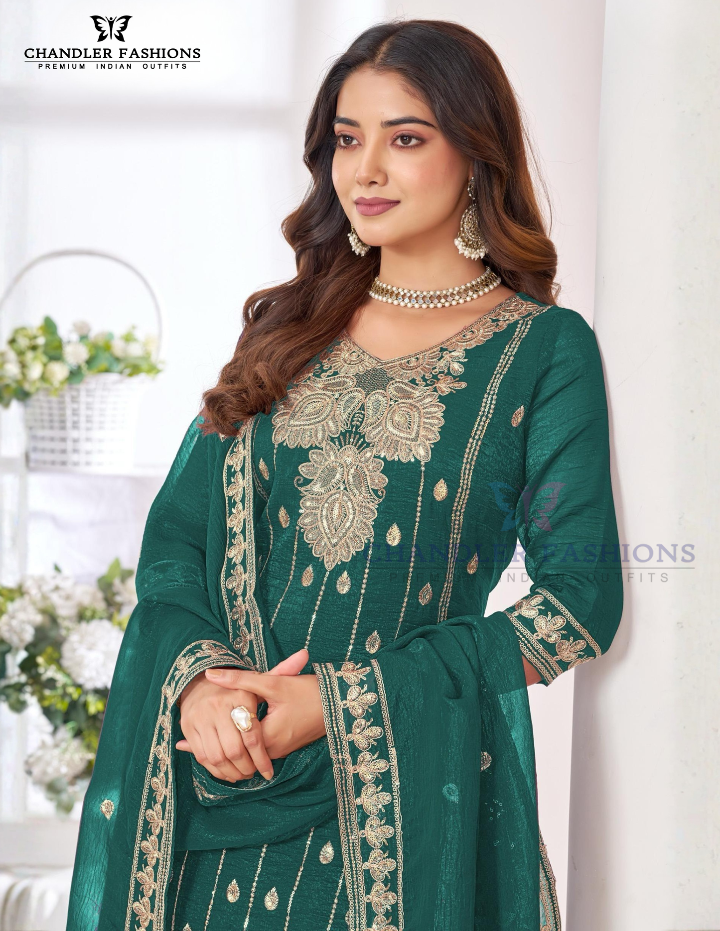 Teal Green Color Chinon With Embroidery Work Palazzo Suits Near Me