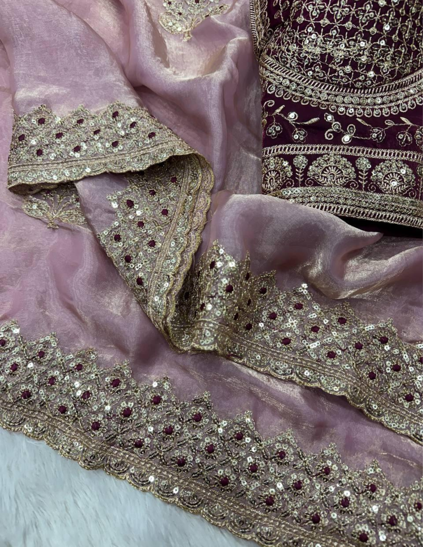 Light Pink Color Soft Space Silk With Sequins And Zari Embroidery Work Saree Near Me