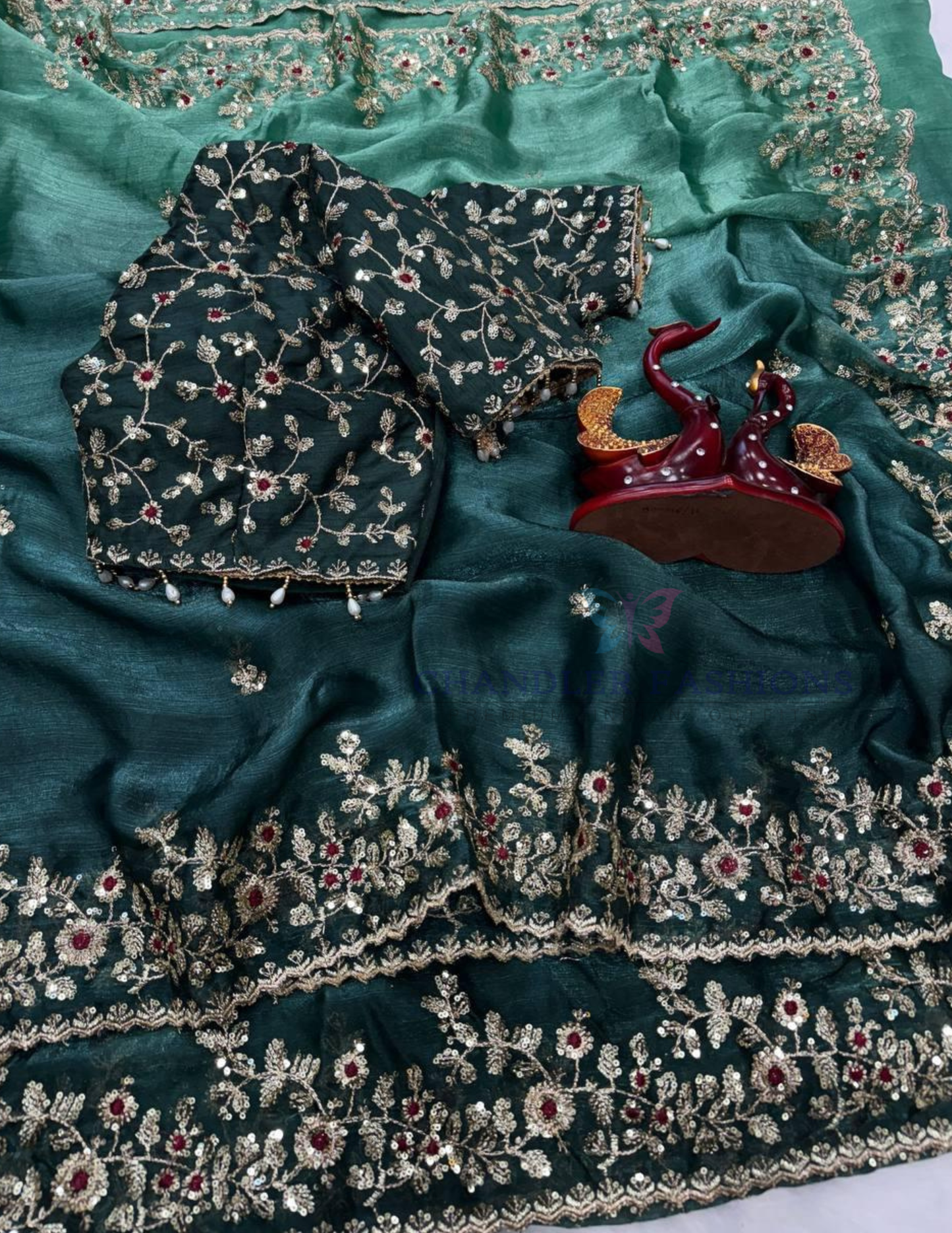 Teal Green Color Fendy Chiffon Saree In Tempe