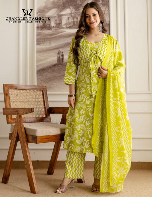 Charming Lime Green Color Cotton Printed Work Salwar Suits With Dupatta Set