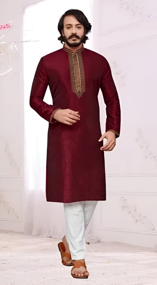 Maroon Men's Cotton Silk Regular Kurta Pajama Set