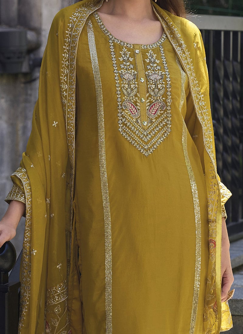 Mustard Yellow Embroidery Work Soft Organza Salwar Suit In Yuma