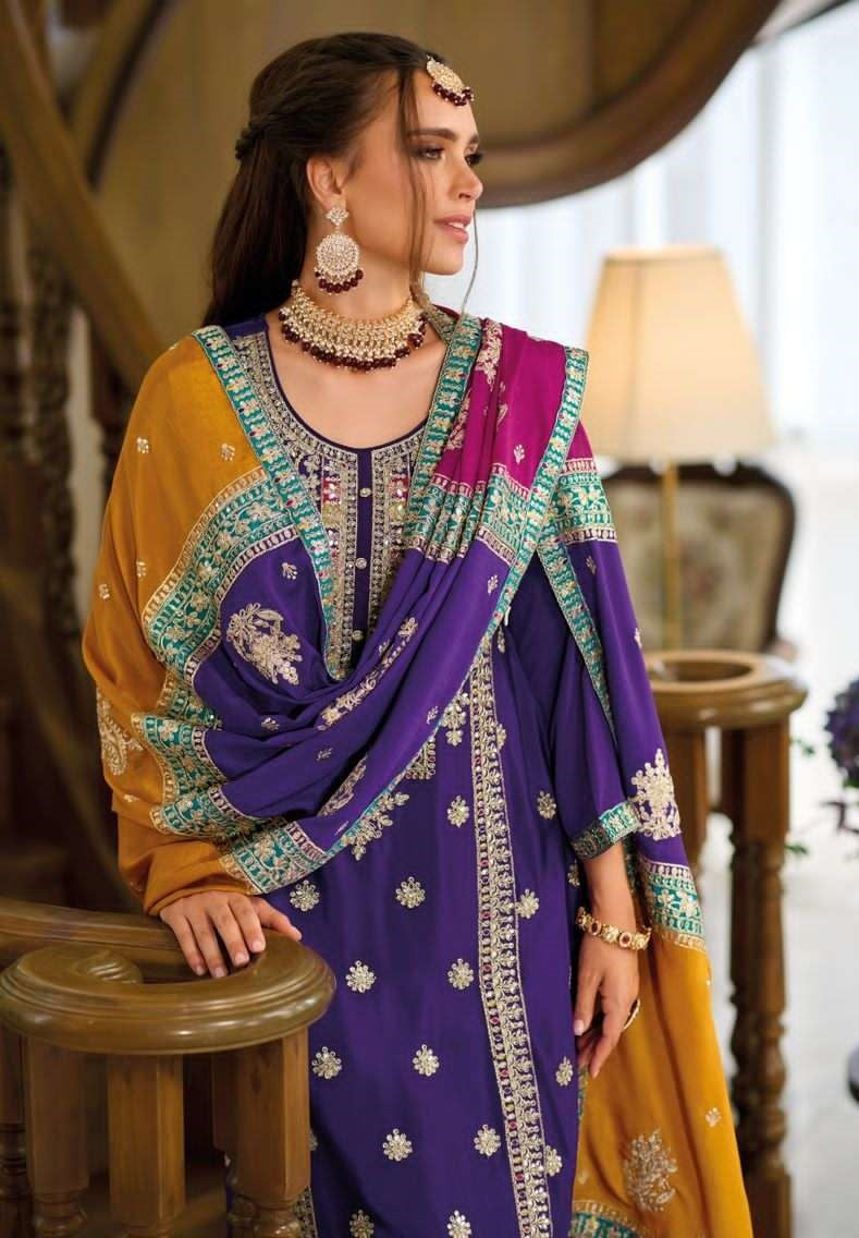 Violet Colored Heavy Chinon Embroidery Work Salwar Suits For Women Near Me