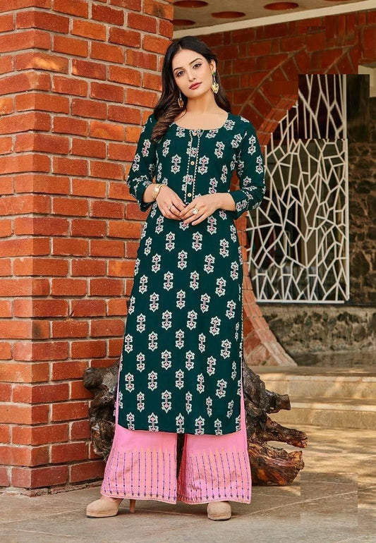 Dark Green Rayon Flex Printed Kurti With Pink Palazzo Pants