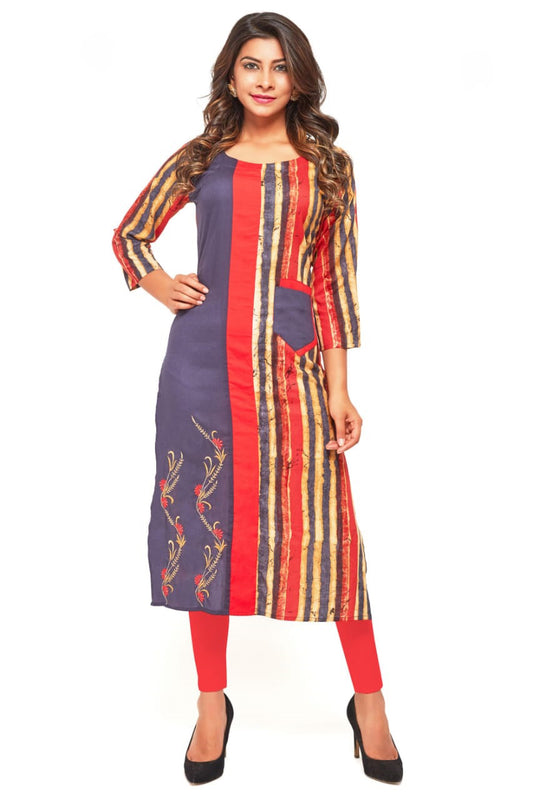 Pretty Indo Western Multi-Colored Slub Rayon Round Neck Kurti