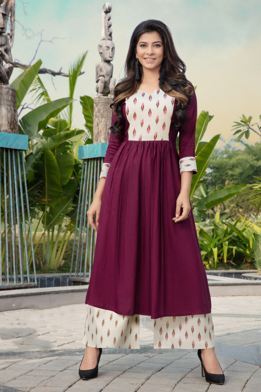 Purple Yoke Printed Cotton Kurti with Cotton Palazzo