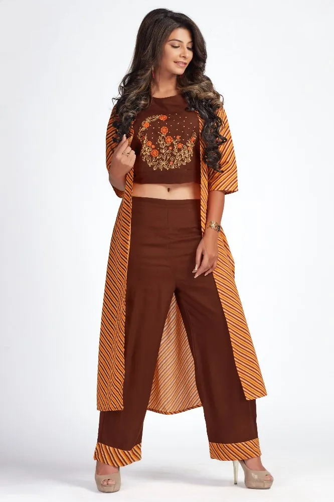 Brown Colored Embroidered Crop Top And Indo Western Palazzo Pant With Long Striped Shrug