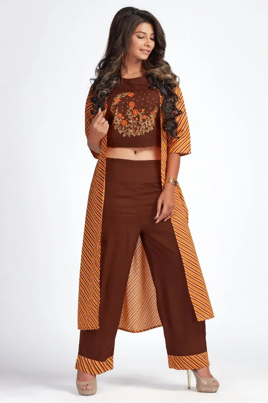 Brown Colored Embroidered Crop Top And Indo Western Palazzo Pant With Long Striped Shrug