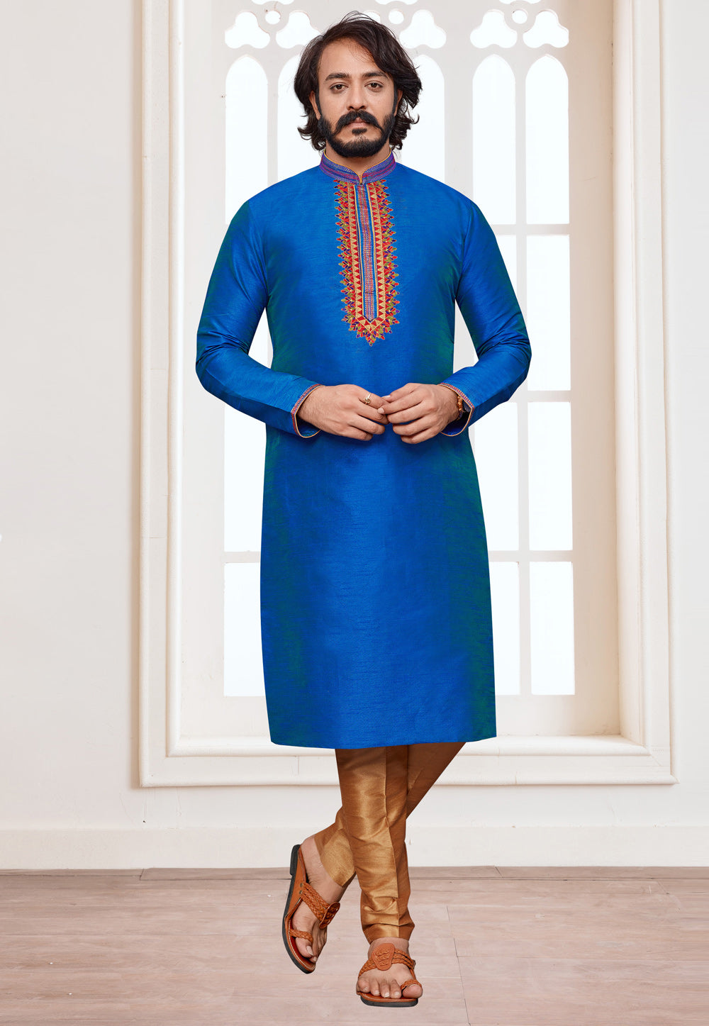 Embroidered Neckline Straight Kurta Pajama Set - Blue