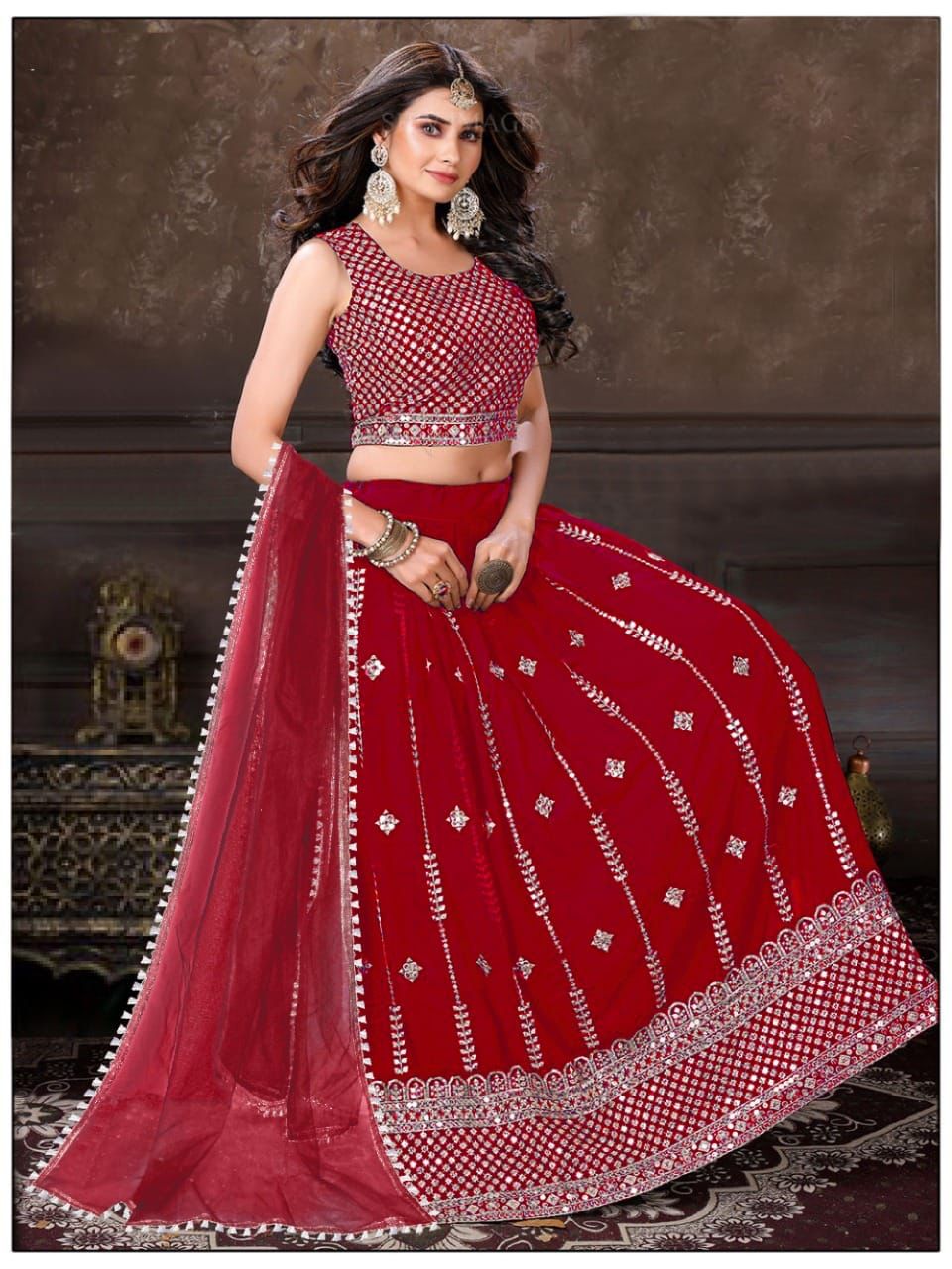 Beautiful Red Satin Silk Designer Embroidery Women Heavy Lehenga choli