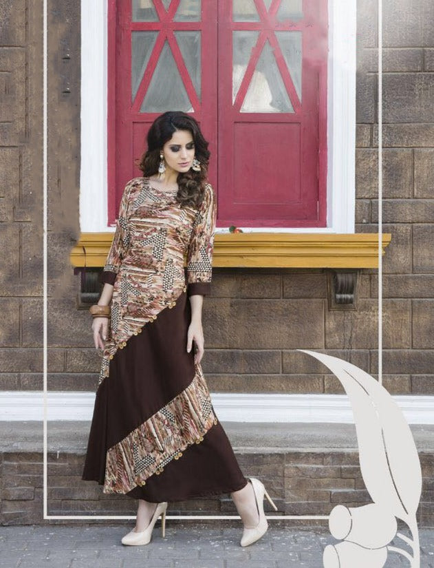 Beautiful Brown Colored Slub Rayon With Indo Western Long Printed Kurti