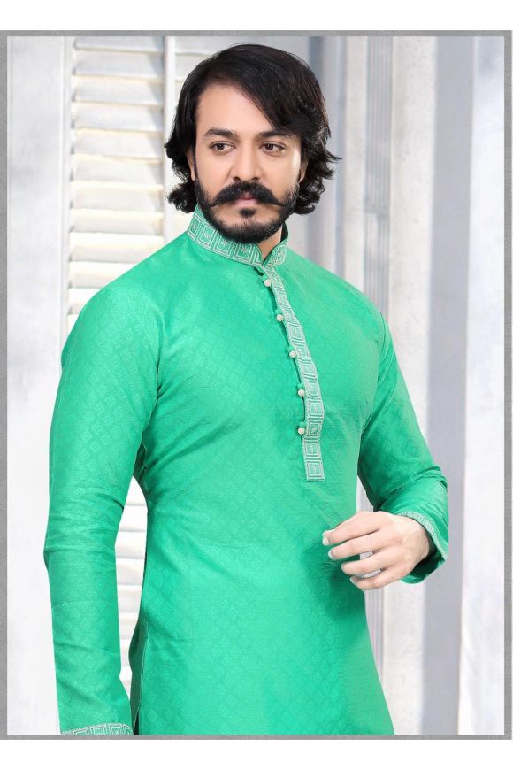 Sea Green Men's Fancy Embroidered Cotton Silk Kurta near me