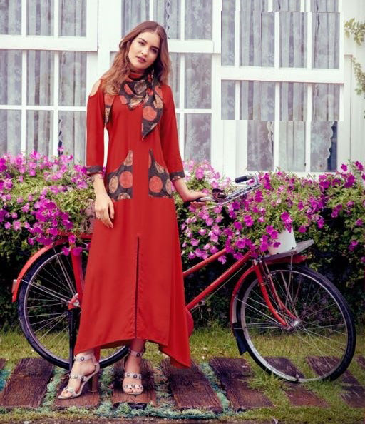 Graceful Red Colored Cold Shoulder Slub Rayon Indo Western Suits With Scarf