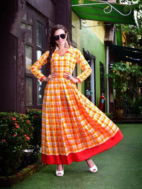 Wonderful Orange Cotton Collared Long Anarkali