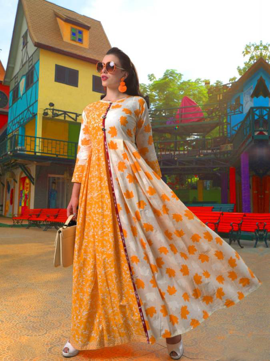 Pleasing Yellow Cotton Round Neck Long Anarkali Dress