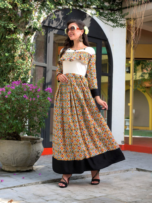 Elegant Multicolor Cotton Slub Rayon Full Length Dress