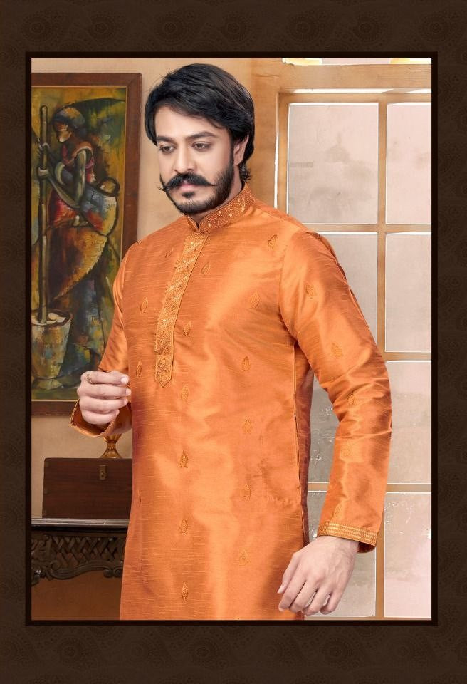 Designed Butti Embroidery Work Kurta With Pajama- Pale Orange Near Me