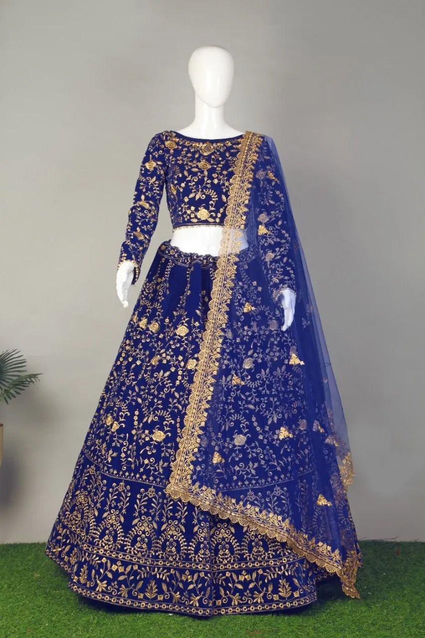 Blue Color Embroidered Attractive Party Wear Velvet Lehenga Choli In Phoenix
