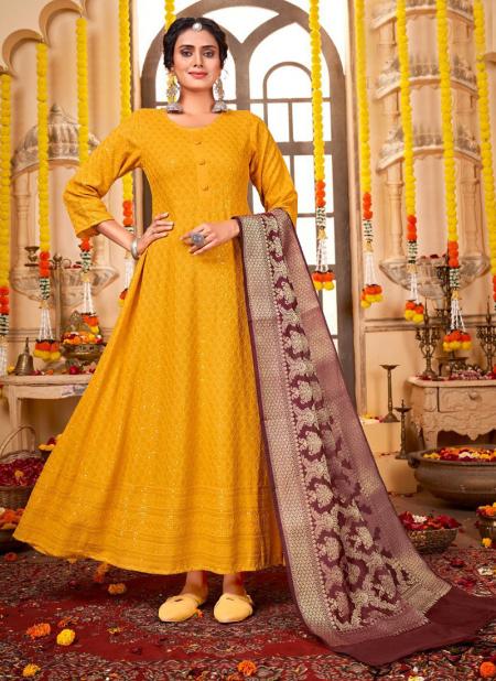 Yellow Color Chikan And Sequins Work Long Gown With Banarasi Dupatta