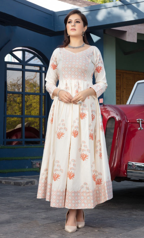 Pleasing Red Floral Cambric Printed Cotton Anarkali Gown Pleasing Red Floral Cambric Printed Cotton Anarkali Gown