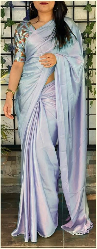 Japan Satin Plain Light Grey Fancy Saree With Sequins Satin Blouse
